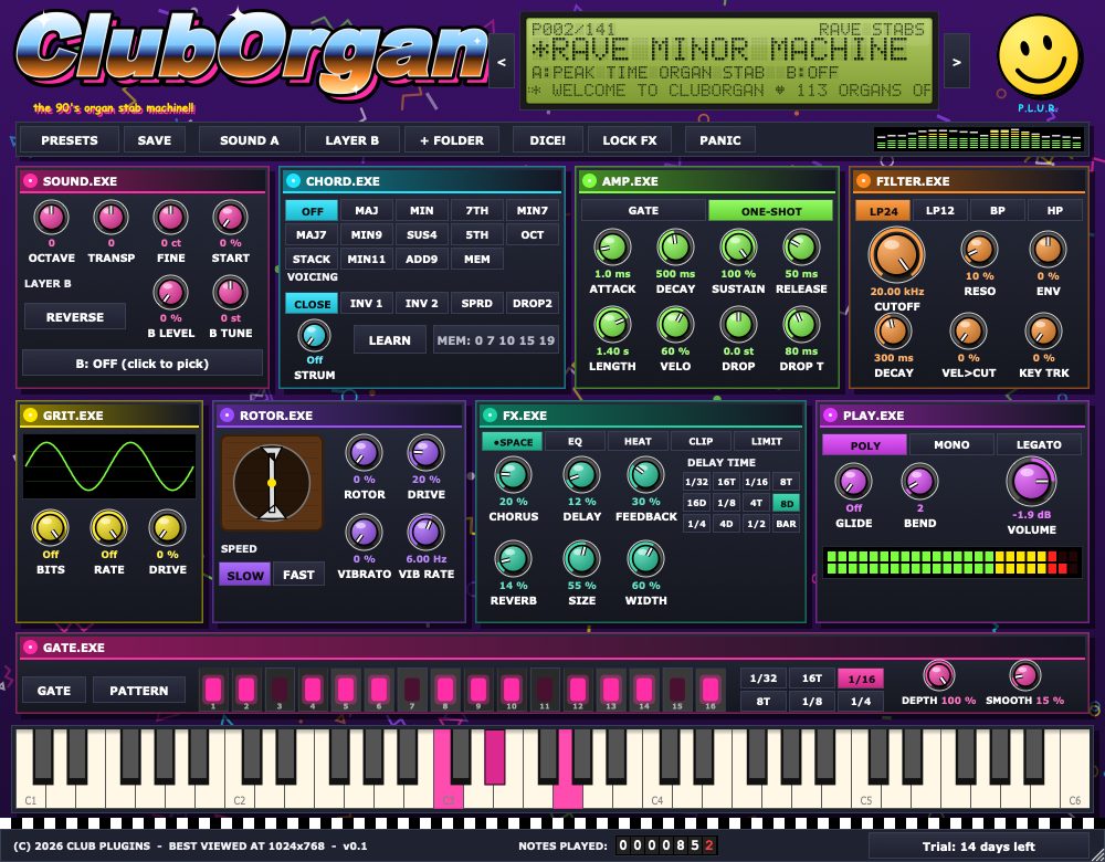 ClubOrgan window in a loud 90s style: preset display, chord, filter, rotor, gate and effects panels, and a keyboard